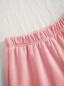 INAWLY Letter Graphic Zip Up Drawstring Thermal Lined Hoodie & Shorts - Baby Pink - View 4