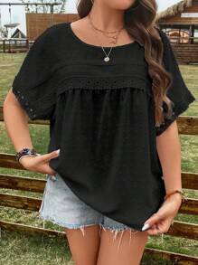 SHEIN LUNE 大碼圓點蕾絲拼接蝙蝠袖襯衫 - 黑色 - 查看 7