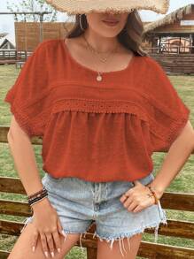 SHEIN LUNE 大碼圓點蝙蝠袖襯衫 - 紅木色 - 查看 7