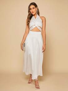 SHEIN Belle 前扭結繞頸短上衣和半身裙 - 白色 - 查看 3