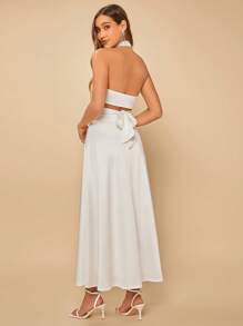 SHEIN Belle 前扭結繞頸短上衣和半身裙 - 白色 - 查看 4