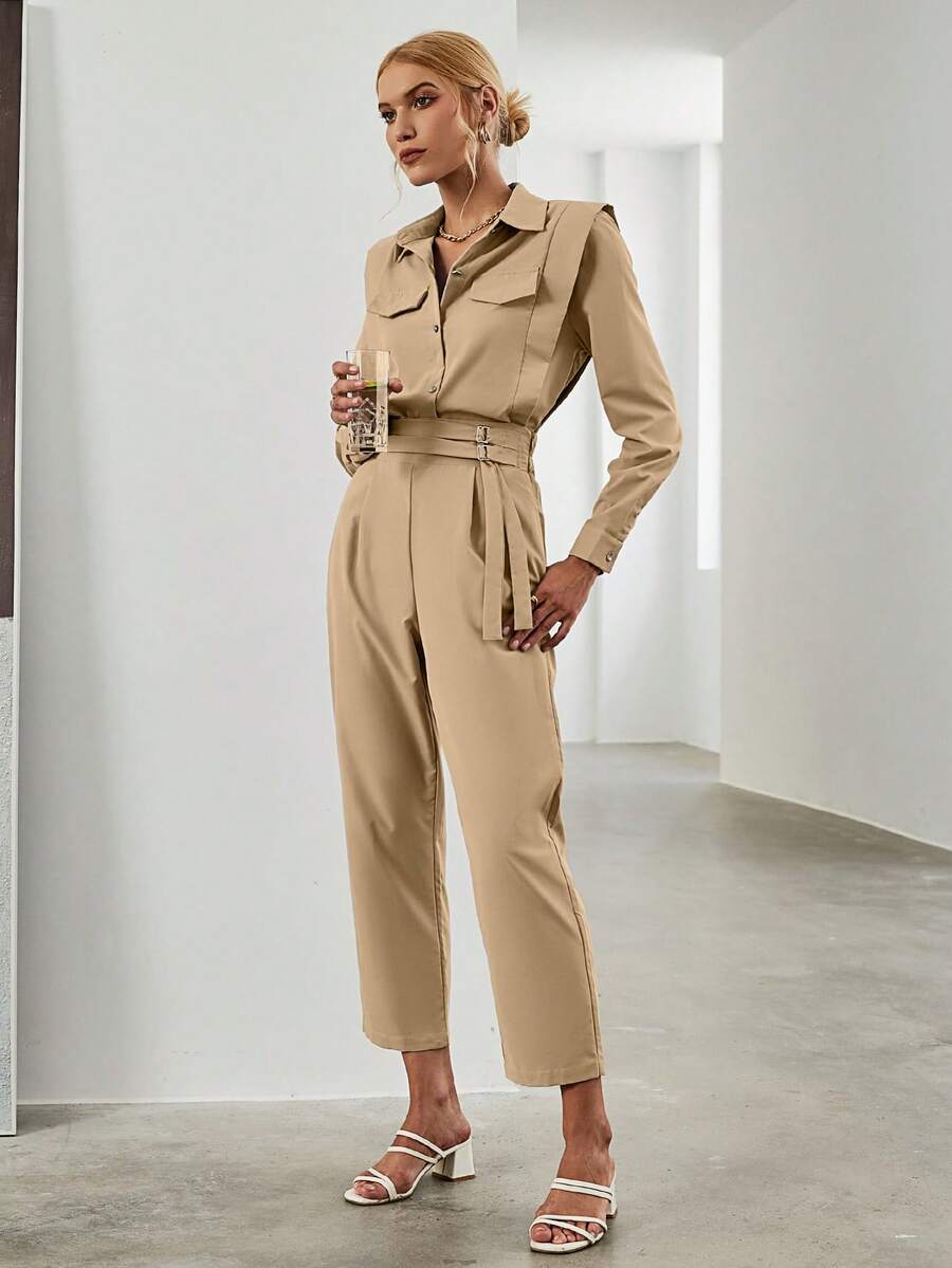 翻蓋細節襯衫和腰帶長褲 - 卡其色 - 查看 1