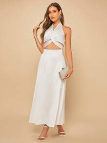 SHEIN Belle 前扭結繞頸短上衣和半身裙 - 白色 - 查看 1