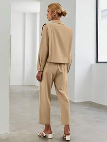 翻蓋細節襯衫和腰帶長褲 - 卡其色 - 查看 2