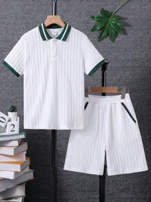 SHEIN Tween Boy Contrast Trim Polo Shirt & Shorts Set, School, Campus, College Summer Holiday - White - View 3