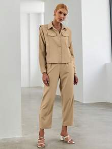 翻蓋細節襯衫和腰帶長褲 - 卡其色 - 查看 3