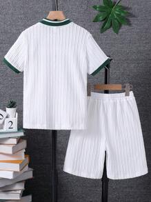 SHEIN Tween Boy Contrast Trim Polo Shirt & Shorts Set, School, Campus, College Summer Holiday - White - View 2