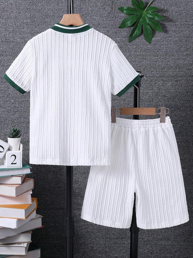 SHEIN Tween Boy Contrast Trim Polo Shirt & Shorts Set, School, Campus, College Summer Holiday - White - View 2