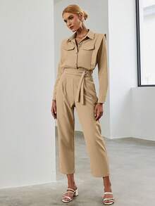 翻蓋細節襯衫和腰帶長褲 - 卡其色 - 查看 4