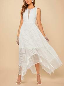 SHEIN Belle Váy cưới Bất đối xứng Tương phản Mesh Dây kéo màu trơn - trắng - Xem 3