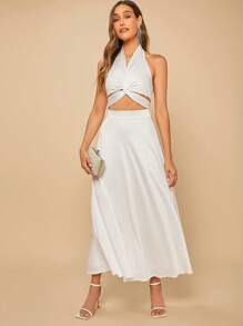 SHEIN Belle 前扭結繞頸短上衣和半身裙 - 白色 - 查看 5