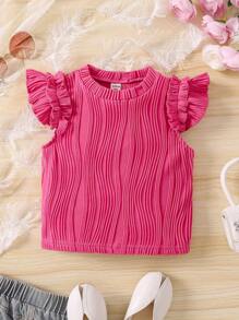 SHEIN 少女休闲粉色纹理荷叶袖衬衫 - 玫紅色 - 查看 1