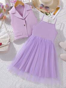 女孩西裝領夾克背心和網紗覆蓋吊帶洋裝 - 紫色 - 查看 1