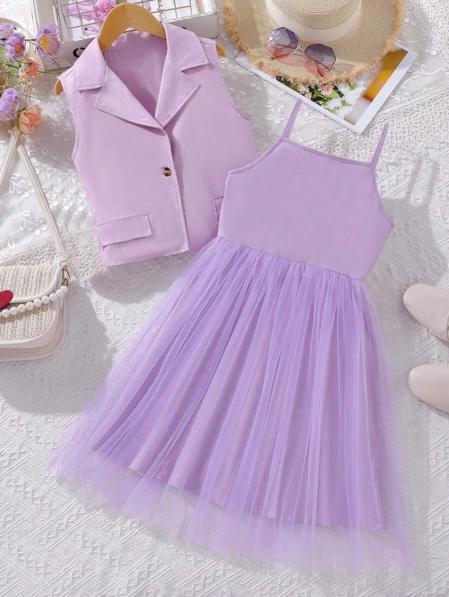 女孩西裝領夾克背心和網紗覆蓋吊帶洋裝 - 紫色 - 查看 1