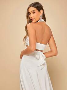 SHEIN Belle 前扭結繞頸短上衣和半身裙 - 白色 - 查看 6