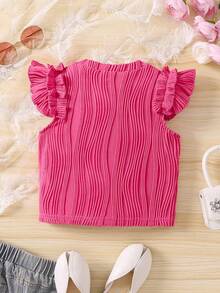 SHEIN 少女休闲粉色纹理荷叶袖衬衫 - 玫紅色 - 查看 2