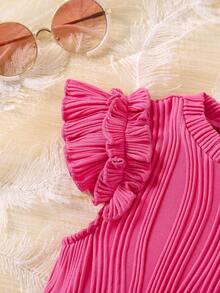 SHEIN 少女休闲粉色纹理荷叶袖衬衫 - 玫紅色 - 查看 3