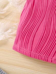 SHEIN 少女休闲粉色纹理荷叶袖衬衫 - 玫紅色 - 查看 4