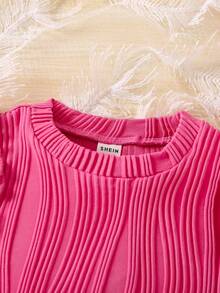 SHEIN 少女休闲粉色纹理荷叶袖衬衫 - 玫紅色 - 查看 5