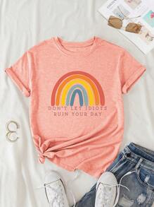 SHEIN LUNE Áo thun nữ Slogan sọc cầu vồng Giải trí - Màu Hồng  San hô - Xem 1