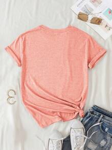 SHEIN LUNE Áo thun nữ Slogan sọc cầu vồng Giải trí - Màu Hồng  San hô - Xem 2