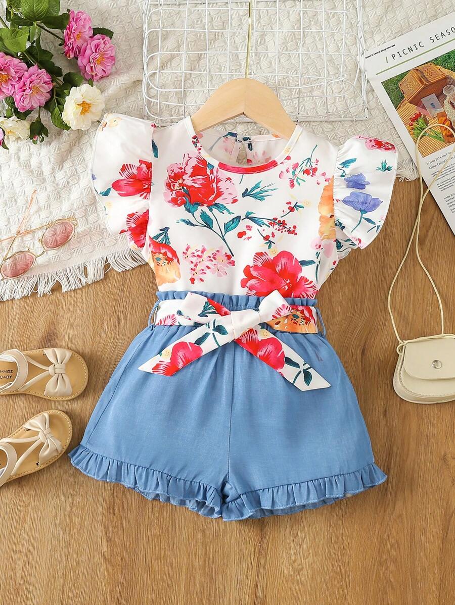 Toddler Girls Floral Print Flutter Sleeve Top & Ruffle Hem Shorts Set - Multicolor - View 1