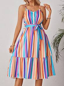 Vestido de tirantes con estampado de rayas bajo con fruncido con cinturón - Multicolor - Ver 5