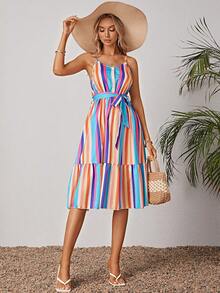 Vestido de tirantes con estampado de rayas bajo con fruncido con cinturón - Multicolor - Ver 6