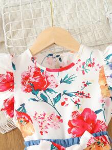Toddler Girls Floral Print Flutter Sleeve Top & Ruffle Hem Shorts Set - Multicolor - View 3