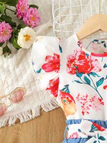 Toddler Girls Floral Print Flutter Sleeve Top & Ruffle Hem Shorts Set - Multicolor - View 4