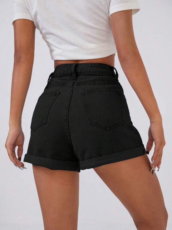 High Waist Roll Up Hem Denim Shorts SHEIN USA