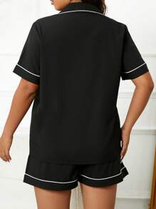 加大对比滚边睡衣套装/睡衣套装 - 黑色 - 查看 2