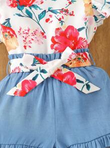 Toddler Girls Floral Print Flutter Sleeve Top & Ruffle Hem Shorts Set - Multicolor - View 6