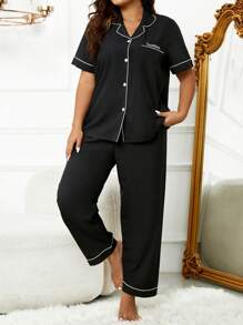 Plus Contrast Piping PJ Set / Pajama Set - Black - View 1