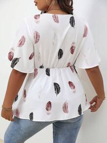 SHEIN Clasi Áo Peplum tay cánh bướm in hình lông vũ có thắt lưng - trắng - Xem 2