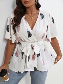 SHEIN Clasi Áo Peplum tay cánh bướm in hình lông vũ có thắt lưng - trắng - Xem 3