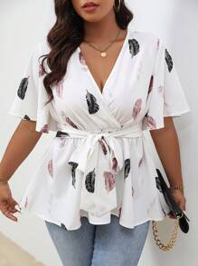 SHEIN Clasi Áo Peplum tay cánh bướm in hình lông vũ có thắt lưng - trắng - Xem 4