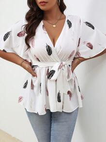 SHEIN Clasi Áo Peplum tay cánh bướm in hình lông vũ có thắt lưng - trắng - Xem 5