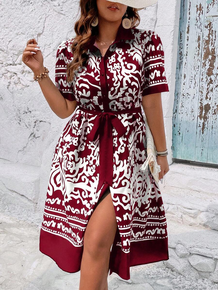 SHEIN Holidaya 大碼波西米亞前紐扣 腰帶民族風連衣裙 - 紅白色 - 查看 1