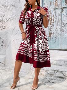 SHEIN Holidaya 大碼波西米亞前紐扣 腰帶民族風連衣裙 - 紅白色 - 查看 3