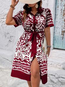 SHEIN Holidaya 大碼波西米亞前紐扣 腰帶民族風連衣裙 - 紅白色 - 查看 4