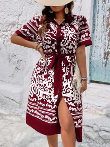 SHEIN Holidaya 大碼波西米亞前紐扣 腰帶民族風連衣裙 - 紅白色 - 查看 5
