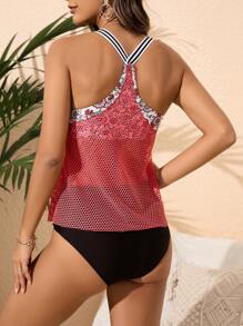 SHEIN Swim Hollow Out Floral Print Contrast Tankini Summer Beach - Multicolor - View 2
