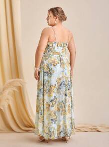 SHEIN Belle Talla grande 1 pieza Vestido de dama de honor de tirantes con estampado de paisley de muslo con abertura con cinturón