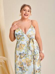 SHEIN Belle Talla grande 1 pieza Vestido de dama de honor de tirantes con estampado de paisley de muslo con abertura con cinturón