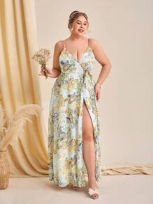 SHEIN Belle Talla grande 1 pieza Vestido de dama de honor de tirantes con estampado de paisley de muslo con abertura con cinturón