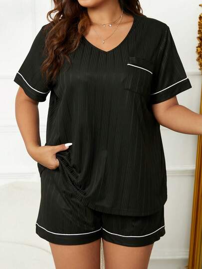 加大对比滚边口袋贴片睡衣套装/睡衣套装