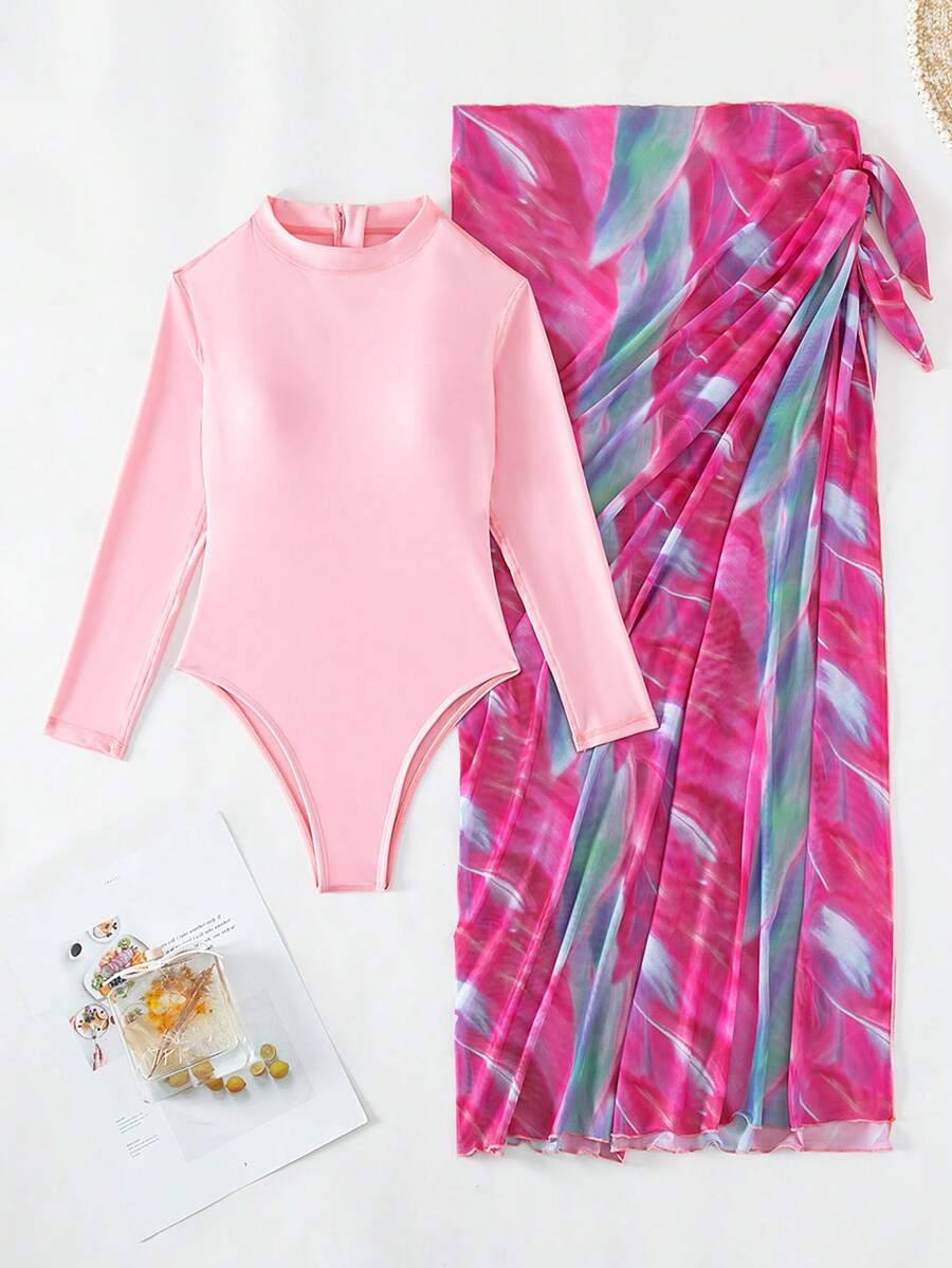 纯色拉链后背连体泳衣，搭配全印花沙滩裙，适合夏季度假 - 彩色 - 查看 1