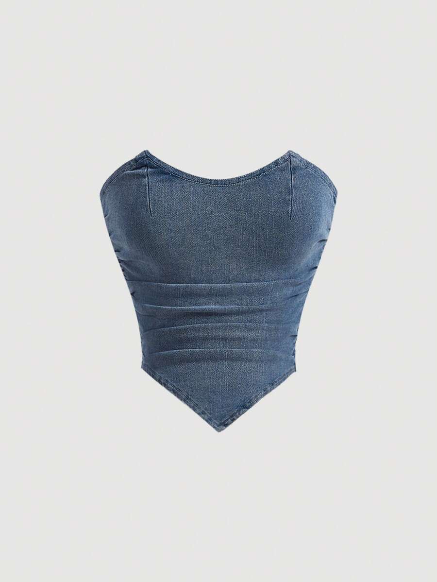 SHEIN MOD Hanky Hem Denim Tube Top - Dark Wash - View 1