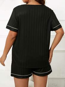 加大对比滚边口袋贴片睡衣套装/睡衣套装 - 黑色 - 查看 2